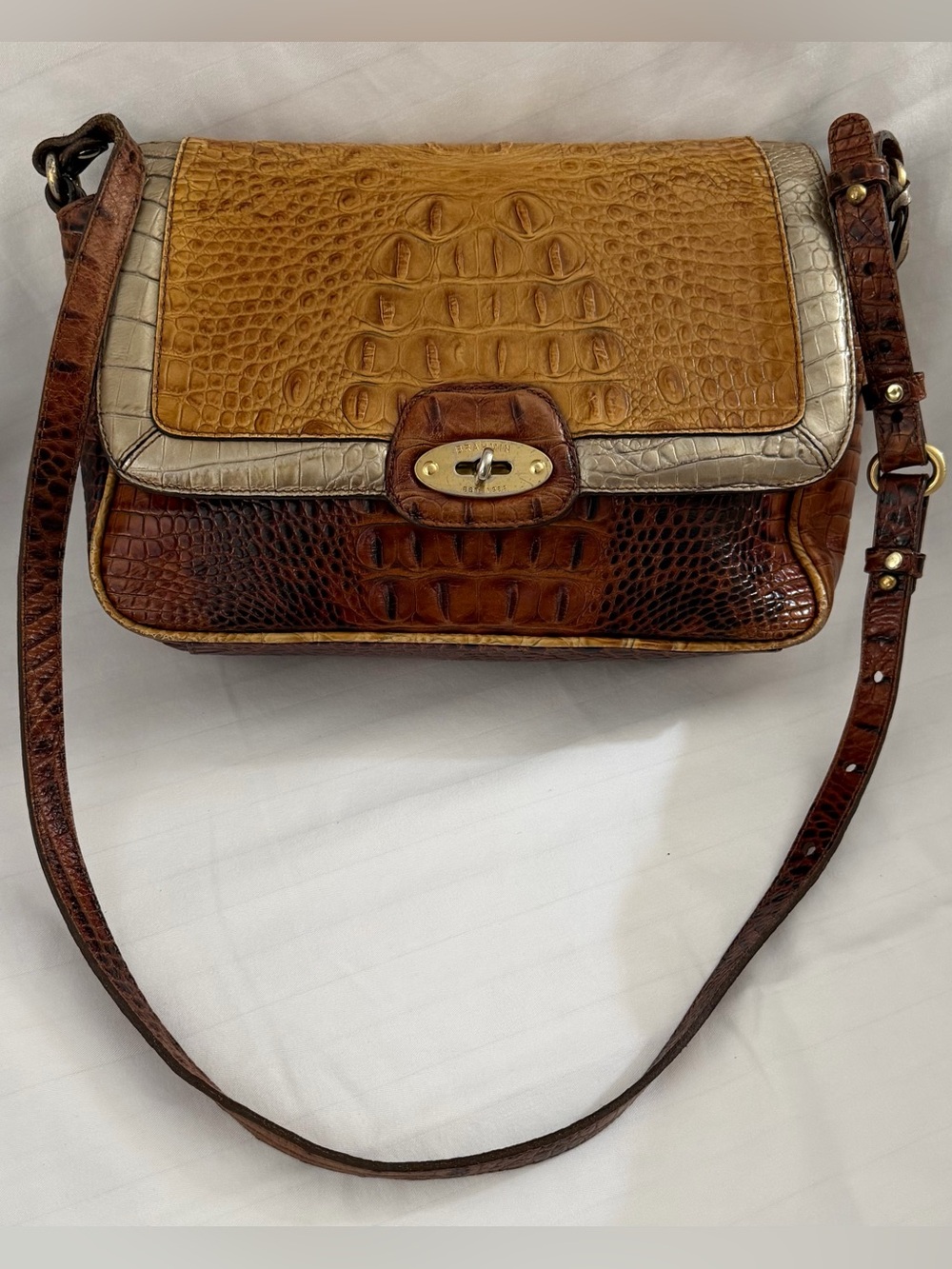 Brahmin Vintage Croc-Embossed Tri-Color Shoulder Bag — Brown, Gold, Tan
